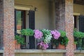 Typical classical Italian house balcony with blooming flowers. Verona. Italy.