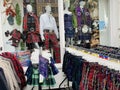 Typical clothes in Scotland Edinburgh with tartan kilt and wool skirts for men and women