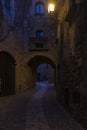 Cobbled street of the town of pals in the spanish costa brava at night