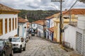 Typical cobblestone street with traditional houses in historic center of Diamantina, Minas Gerais, Brazil