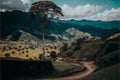Typical Colombian landscape, with a very tall tree in the middle, CREATED WITH GENERATIVE AI TECHNOLOGY
