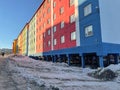 A typical colorful house in permafrost area, sunny weather