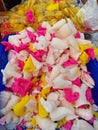 Typical colourful sweets of diwali made from cane sugar selling at kolkata footpath along with ladu.