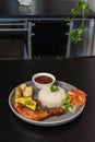 Typical Costa rican casado with rice and beans, salad, meat