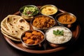 Typical curry set meal of meals south India with Chicken Tandoori, Mutton Curry, Subji