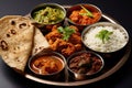 Typical curry set meal of meals south India with Chicken Tandoori, Mutton Curry, Subji