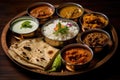 Typical curry set meal of meals south India with Chicken Tandoori, Mutton Curry, Subji