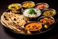 Typical curry set meal of meals south India with Chicken Tandoori, Mutton Curry, Subji