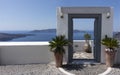 Typical design decoration door of Santorini Greece with way into the sea with copy space