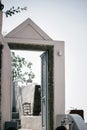 Typical design entrance door of a house located in Santorini island of Greece. Entrance design located in Oia village in Cycladic