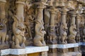 Typical design of pillar with multi-directional mythical lions kanchi Kailasanathar temple, Kanchipuram, Tamil Nadu Royalty Free Stock Photo