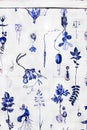 Delft blue, ceramic tiles, old hand painted white tiles with blue drawn flowers, leaves, bulbs and animals motives