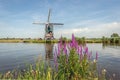 Typical Dutch landscape with a windmill reflected in the water surface Royalty Free Stock Photo