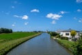 Typical Dutch polder with polder canal and polder mill at the horizon