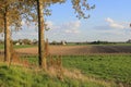 A beautiful rural landscape with a field of symmetric potato beds and a little village in the dutch countryside in spring Royalty Free Stock Photo