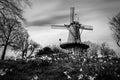 Typical Dutch windmill in Alkmaar, black and white landscape Royalty Free Stock Photo