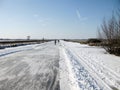 Dutch landscape of frozen canals, with ice skaters Royalty Free Stock Photo