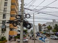 A typical electrical pole with a mess of wires that is all throughout Cartagena, Columbia