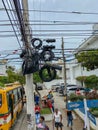 A typical electrical pole with a mess of wires that is all throughout Cartagena, Columbia