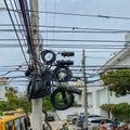 A typical electrical pole with a mess of wires that is all throughout Cartagena, Columbia