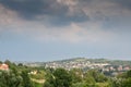 Typical European countryside landscape, with farms, agricultural fields, trees, in a valley near Ralja, in Sopot Royalty Free Stock Photo