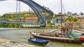 Typical flat-bottom boats, Rabelos and Luis I Bridge, Porto, Portugal