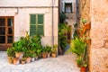 Typical flower pots decoration in Valldemossa village on Majorca, Spain Royalty Free Stock Photo