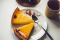 Typical french flan with tea or coffee Royalty Free Stock Photo