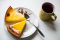 Typical french flan with tea or coffee Royalty Free Stock Photo