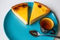 Typical french flan with tea or coffee Royalty Free Stock Photo