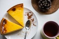 Typical french flan with tea or coffee Royalty Free Stock Photo