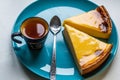 Typical french flan with tea or coffee Royalty Free Stock Photo