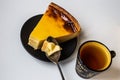 Typical french flan with tea or coffee Royalty Free Stock Photo