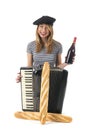 Typical French girl with accordion, bread and wine Royalty Free Stock Photo