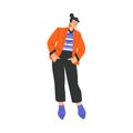 Typical French Woman Character in Red Jacket Standing and Smiling Vector Illustration