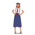 Typical French Woman Wearing Long Blue Skirt on Suspenders, Red Tie, White Shirt and Red Beret. Female Character