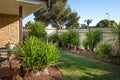 A typical front yard garden of Australian homes with low maintenance Yucca trees and panel fencing. Royalty Free Stock Photo