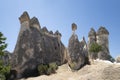 typical geological formation of eroded rock in Goreme, with a large rock in delicate balance at the top of a formation, fairy