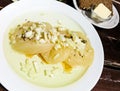 Typical german cheese dish Frankfurt area-The Handkaese mit Musik Royalty Free Stock Photo