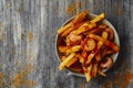 typical german currywurst and chips in a plate Royalty Free Stock Photo