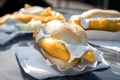 Typical German Friesland deep fried Pollack fish in beer batter as bread bun roll and as dish with French fries, mayonnaise, sauce Royalty Free Stock Photo