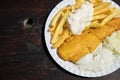 Typical German Friesland deep fried Pollack fish in beer batter with French fries, mayonnaise, sauce tartar and coleslaw on wooden Royalty Free Stock Photo