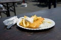 Typical German Friesland deep fried Pollack fish in beer batter with French fries, mayonnaise, sauce tartar and coleslaw on wooden Royalty Free Stock Photo