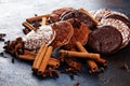 Typical German Gingerbreads such as Lebkuchen and Aachener Printen on rustic Royalty Free Stock Photo