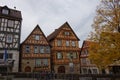 Typical German half-timbered house facades in Marbach am Neckar.