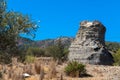 Typical greek landscape with trees, rock and blue sky