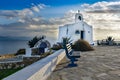 Typical greek place with a white small orthodox chapel dedicated to St Nikolaos.Rafina,Greece Royalty Free Stock Photo