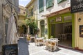 Typical Greek restaurants in Arkadiou street in the Old Town of Rethymno, Crete, Greece Royalty Free Stock Photo