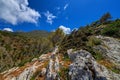 Typical Greek view, mountains, bushes, rocky slopes, wind-swept olive trees, blue sky, great clouds. Akrotiri peninsula Royalty Free Stock Photo
