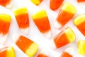 Typical halloween candy corn isolated on white background. Top view. Royalty Free Stock Photo